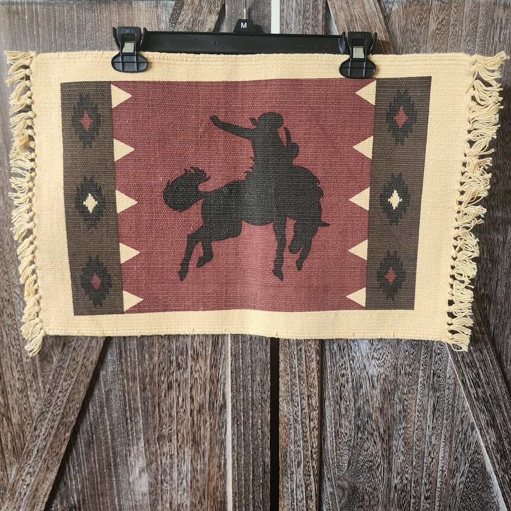 Cotton Stencil Southwestern Horse Cowboy Fringed Placemat or Rug 19"x13" EUC